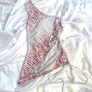 Soprano One Shoulder Polka Dot Ruched Top Pink Brown Y2K Lettuce Hem Camisole